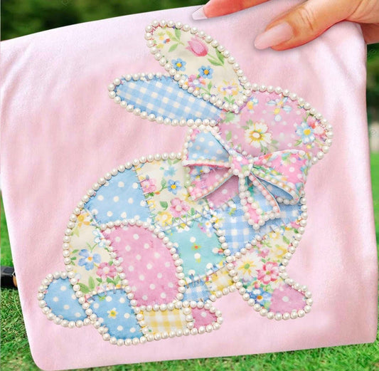 Patchwork Easter Bunny Pearl Outline Tee or Crewneck (DTF)