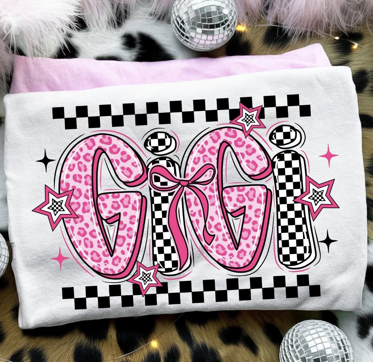 Gigi Pink Cheetah Checker Tee or Crewneck (DTF)
