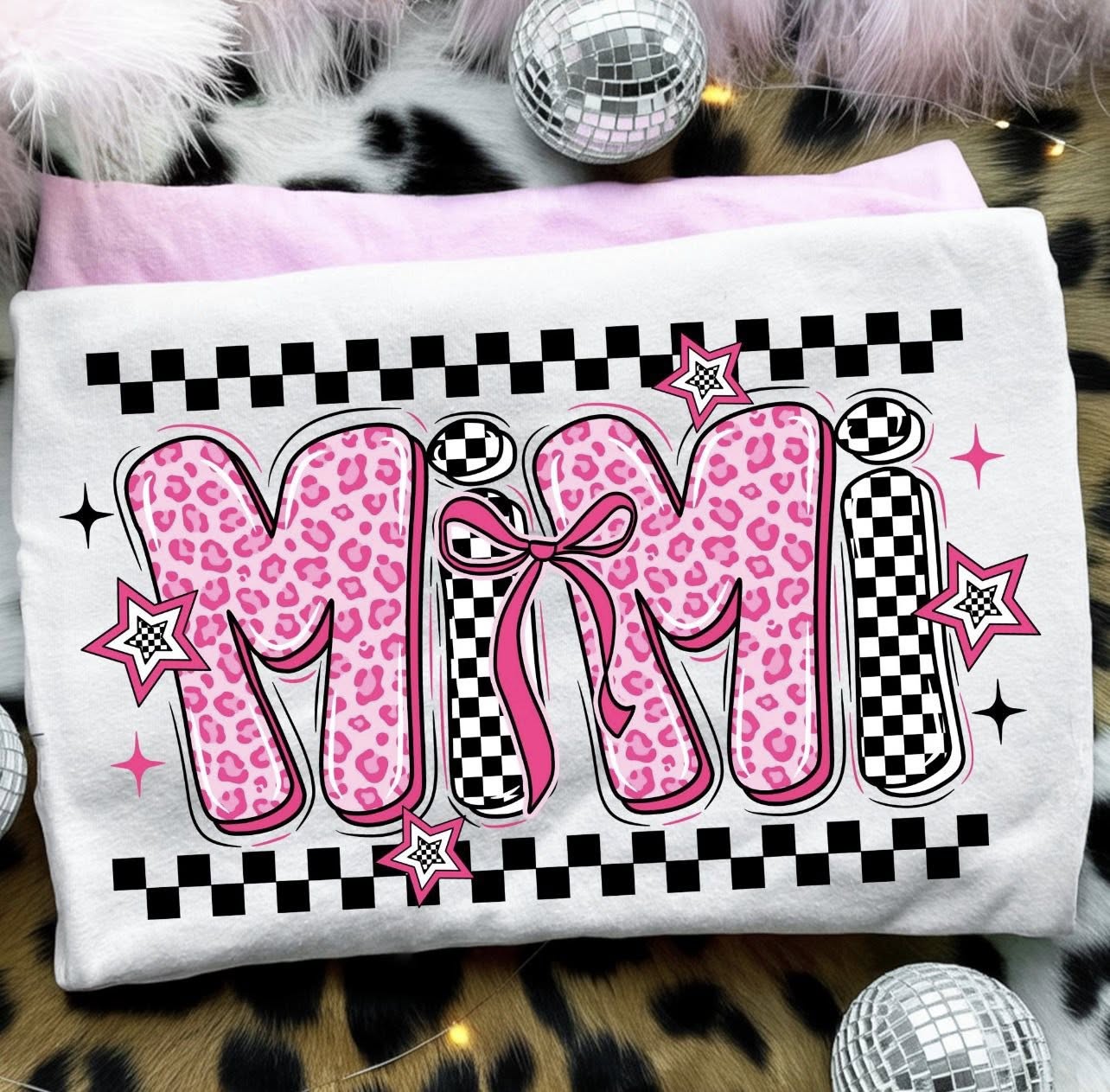 Mimi Pink Cheetah Checker Tee or Crewneck (DTF)