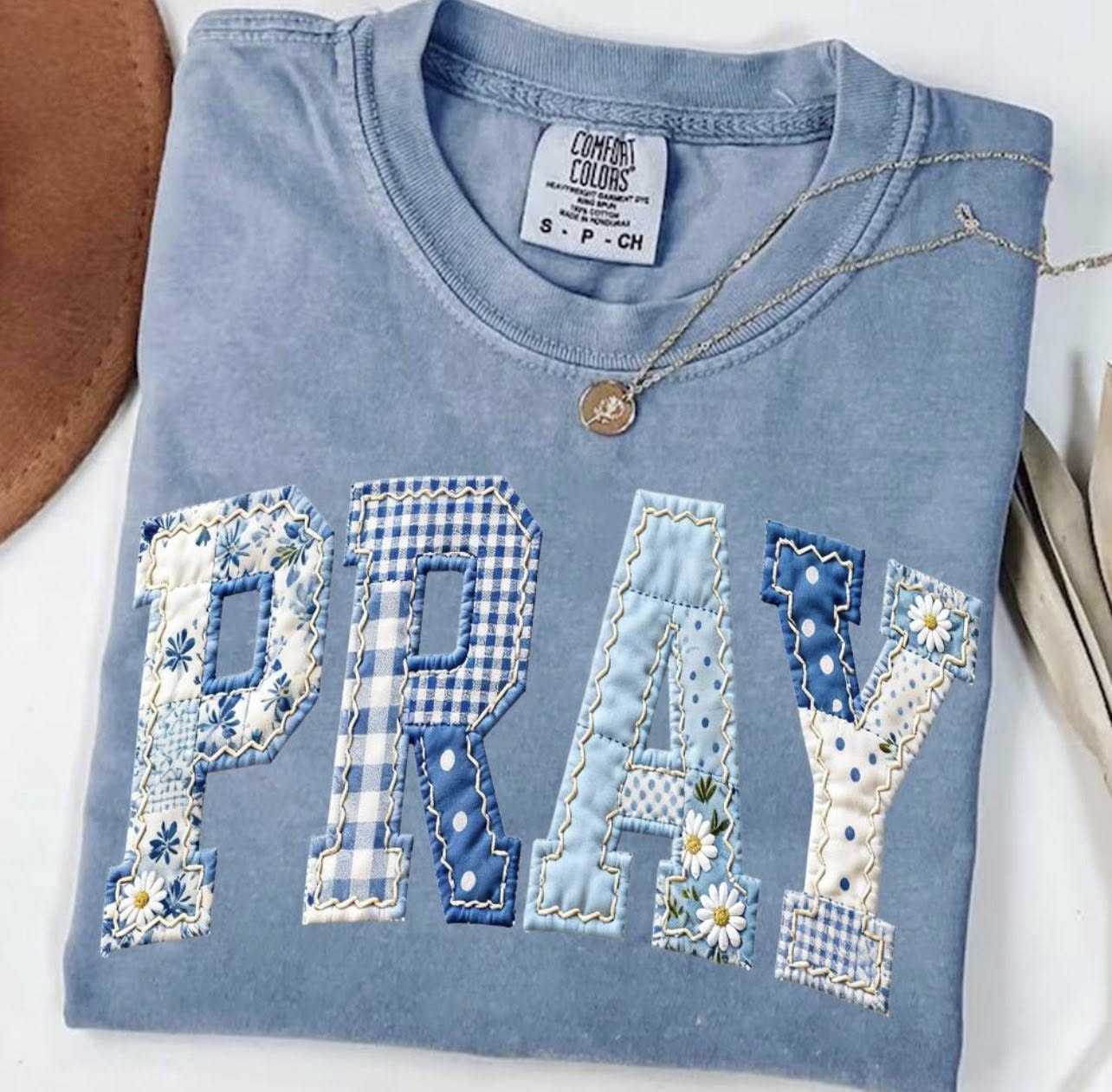 Blue Patchwork Pray Tee or Crewneck (DTF)