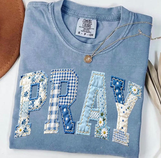 Blue Patchwork Pray Tee or Crewneck (DTF)