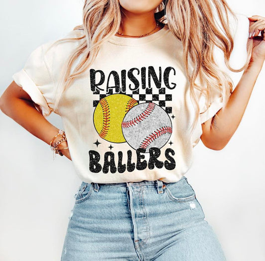 Distressed Raising Ballers Baseball and Softball Tee or Crewneck (DTF)
