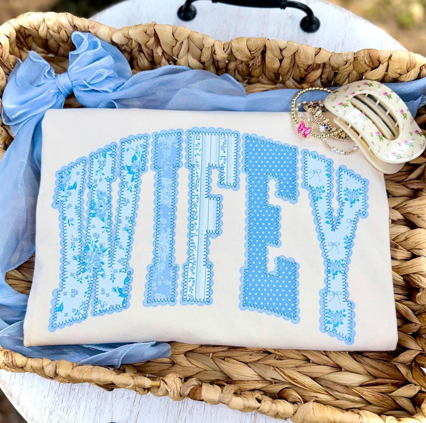 Blue Floral Lace Wifey Tee or Crewneck (DTF)