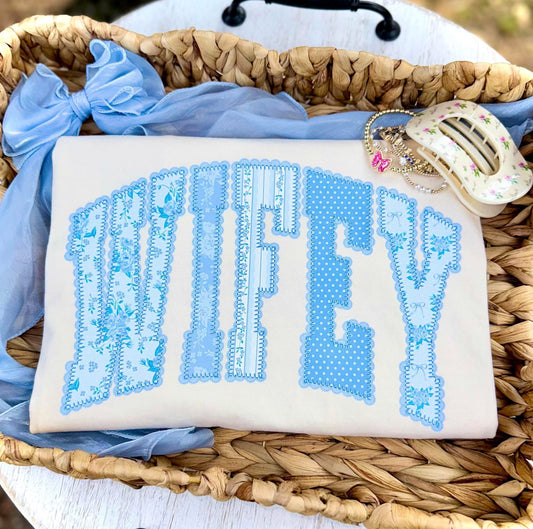 Blue Floral Lace Wifey Tee or Crewneck (DTF)