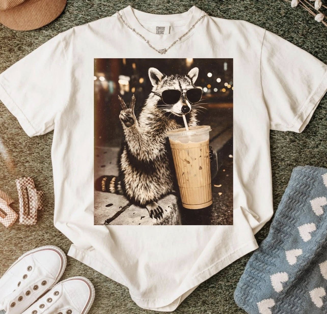 Peace Sign Racoon with Iced Coffee Tee or Crewneck (DTF)