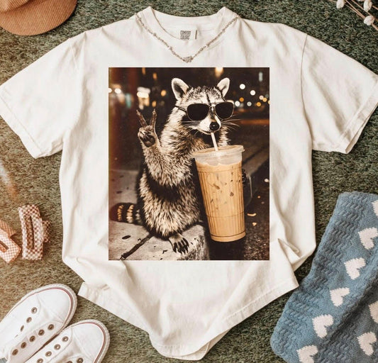 Peace Sign Racoon with Iced Coffee Tee or Crewneck (DTF)