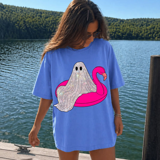 Sparkly Ghost on Flamingo Float Tee or Crewneck (DTF)