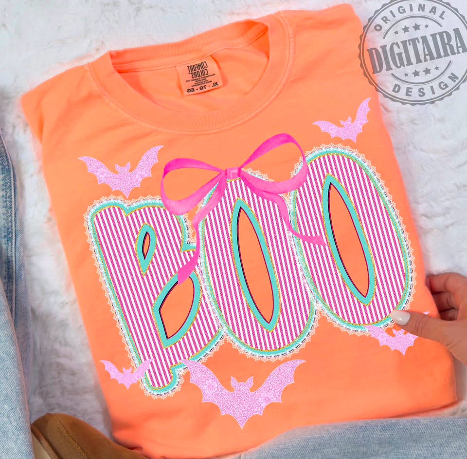 Boo Pink Stripes with Bow and Bats Tee or Crewneck (DTF)