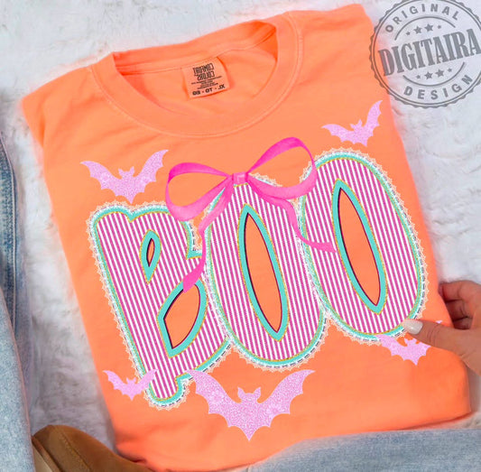 Boo Pink Stripes with Bow and Bats Tee or Crewneck (DTF)