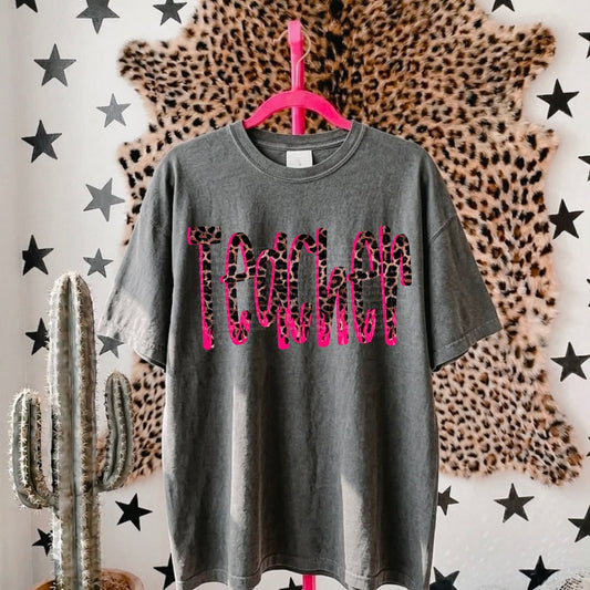 Teacher Leopard Pink Flames Tee or Crewneck (DTF)