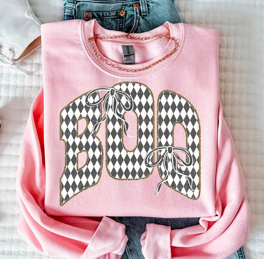 Boo Black Checker Bows Tee or Crewneck (DTF)