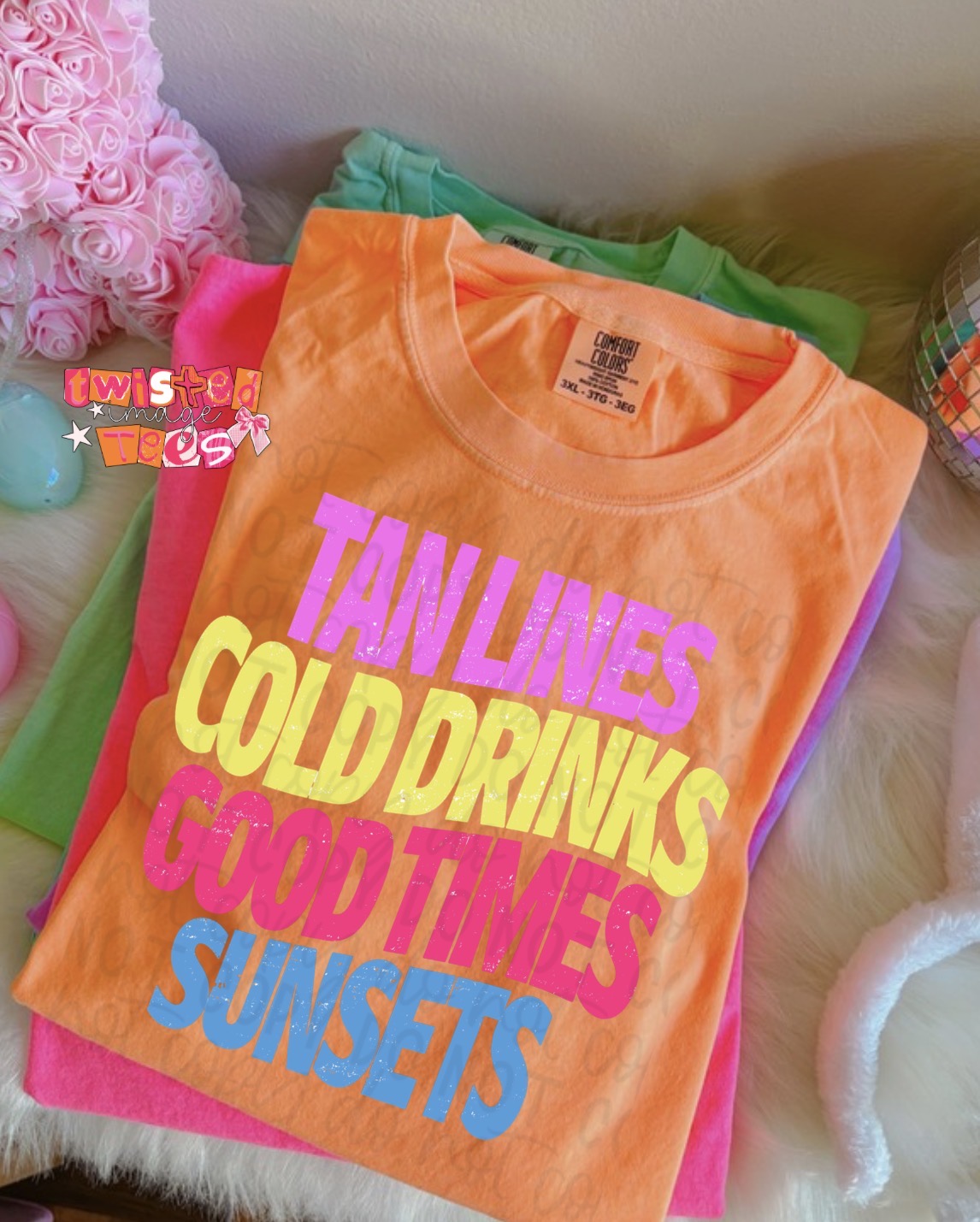 Tan Lines Cold Drinks Good Times Sunset Tee or Crewneck (DTF)