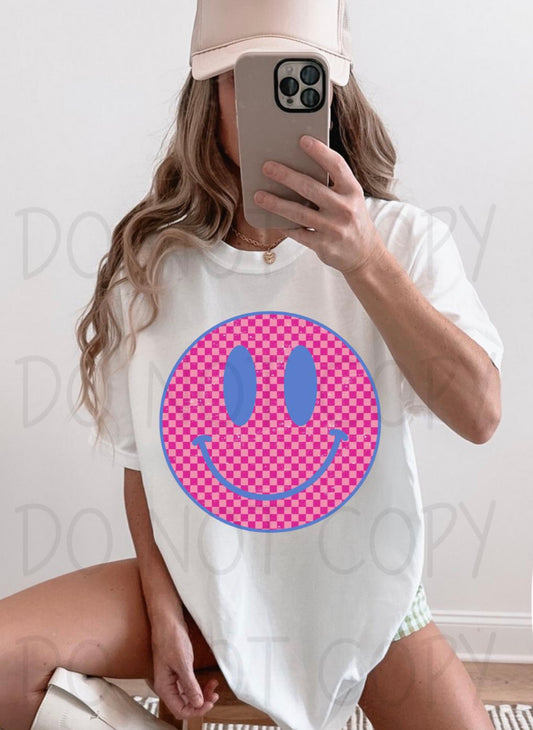 Pink & Blue Checker Smiley Tee or Crewneck (DTF)