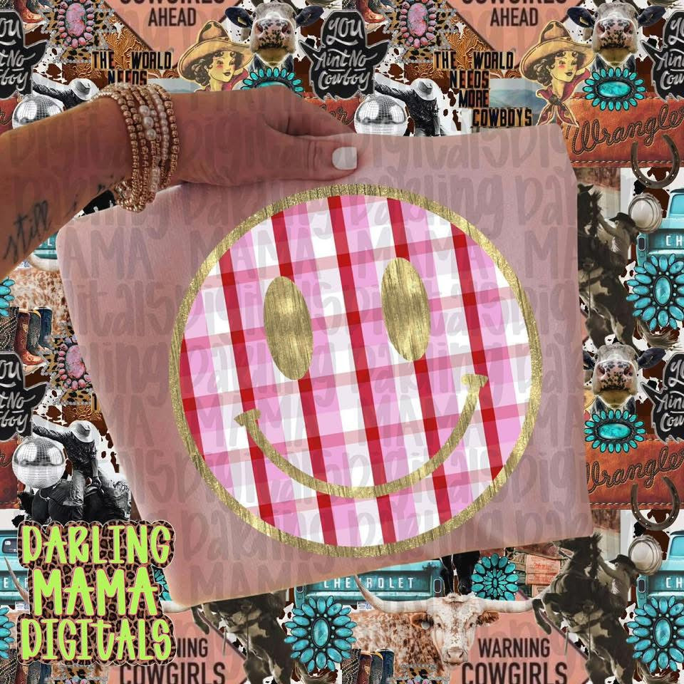 Pink & Red Plaid Smiley Tee or Crewneck (DTF)