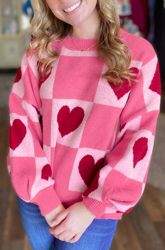 Pink Hearts Checkered Valentine's Sweater PRE-ORDER