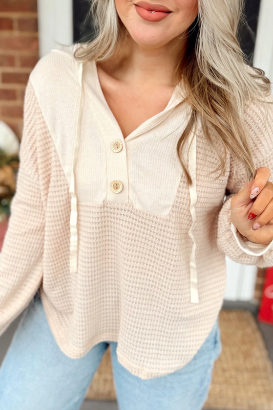 Waffle Patchwork Drop Shoulder Hooded Long Sleeve Top PRE-ORDER