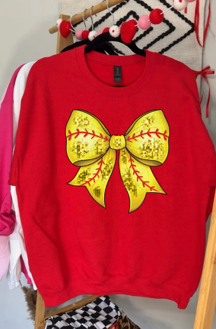 Faux Sparkle Softball Bow Tee or Crewneck (DTF)