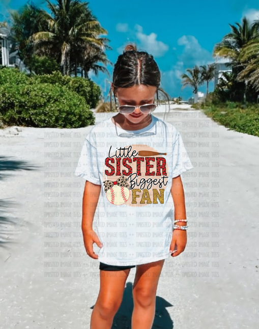 Kids Little Sister Biggest Fan Baseball Tee or Crewneck