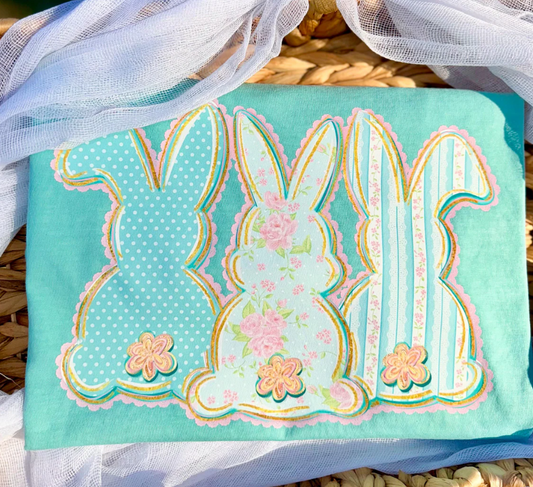 Polka Dot Floral Stripes Easter Bunnies Tee or Crewneck (DTF)